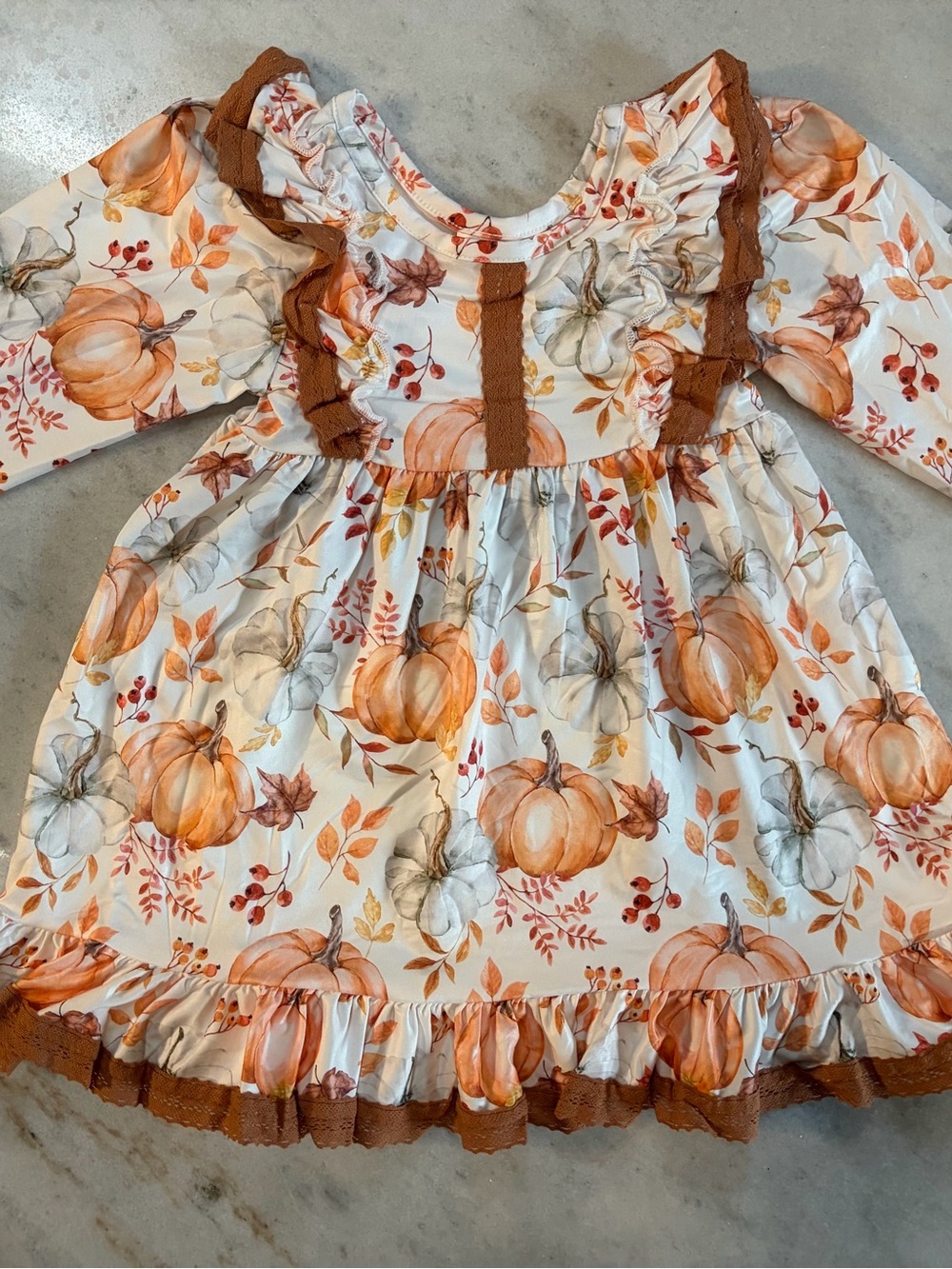 Girls Pumpkin Print Long Sleeve Dress - White & Rust